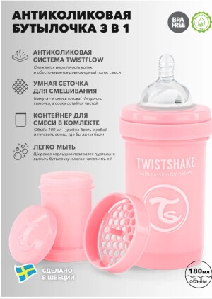 Бутылочка антиколиковая twistshake пластиковая 0м+ 180мл (розовый)