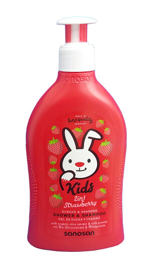 Саносан кидс шампунь-гель shower & shampoo strawberry с ароматом клубники 2 в 1 400мл