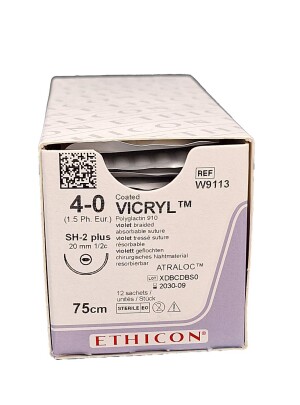 Vikril 4-0 (w9106) 17 mm igna bilan, 1/2 teshuvchi, 75 sm №1 ip